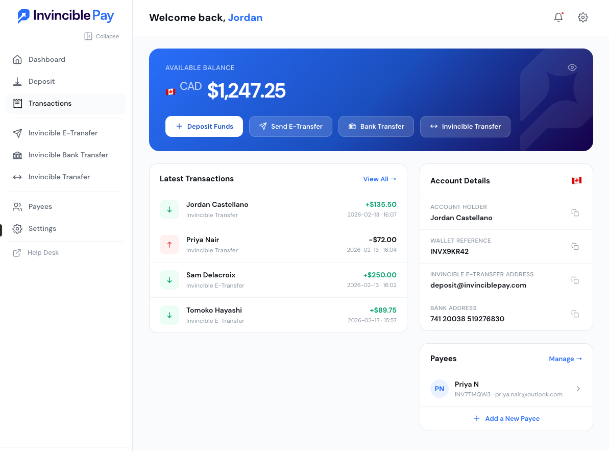 Invincible Pay platform dashboard showing wallet balance, recent transactions, and quick-action buttons
